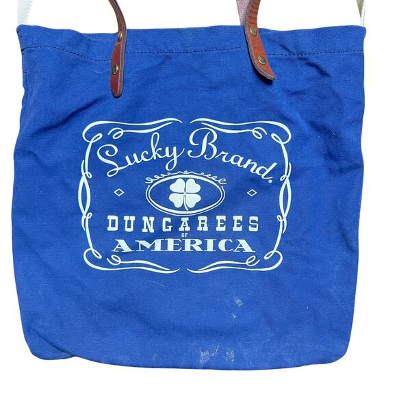 Lucky Brand Tote Bag Blue Canvas Crossbody Logo Leather Top Handles - Picture 3 of 11